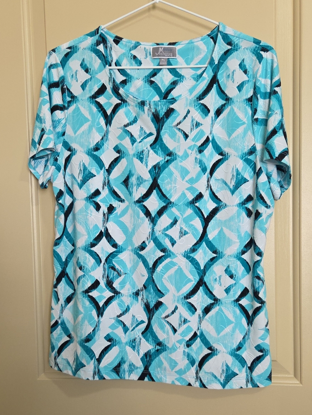 JM Collection Aqua and Black Geometric Short-Sleeve Tee